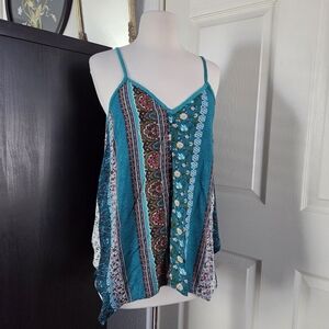 Kori blue asymmetrical handkerchief hem tank top strappy back size medium
